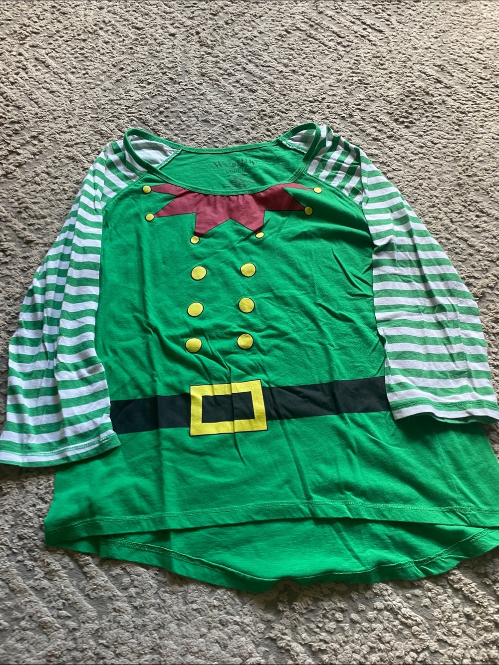 Wound Up Green Elf Top with White & Green Striped Sleeves